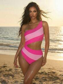 Traje de baño de una pieza con bloque de color y un solo hombro para mujer, ideal para nadar, vacaciones y playa en verano - Rosa - Ver 3