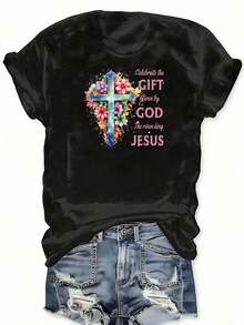 Celebrate Easter, Floral Cross Print T-Shirt "Jesus, The King Has Risen", Short Sleeve Crew Neck T-Shirt, Casual Top For Summer And Spring, Plus Size Clothing For Women - 黑色 - 查看 2
