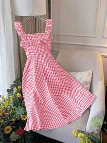 Vestido casual de verano entallado con tirantes finos y corte en A hasta la pantorrilla, en tela a cuadros rojos, para primavera/verano - Rosa - Ver 2