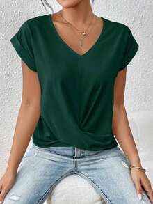 Frenchy Blusa Solida Con Mangas De Plumaje Y Tuerza En La Manga, Ideal Para La Primavera - Verde militar - Ver 5