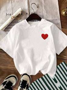 Camiseta deportiva casual con bordado de corazón para mujer de talla grande - Blanco - Ver 3