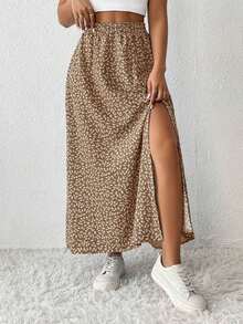 Falda De Verano Para Mujeres Con Estampado Floral Pequeño Y Abertura De Muslo - Caqui - Ver 1