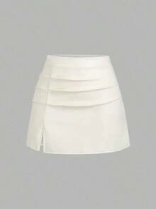 Falda mini acampanada de línea A con abertura lateral, de cintura alta y plisada, de PU estilo retro elegante para mujer, Y2K - Crema - Ver 1