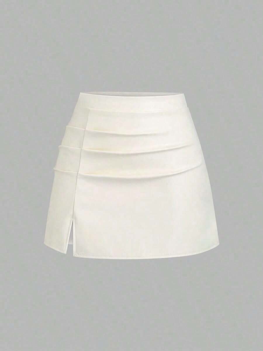 Falda mini acampanada de línea A con abertura lateral, de cintura alta y plisada, de PU estilo retro elegante para mujer, Y2K - Crema - Ver 1