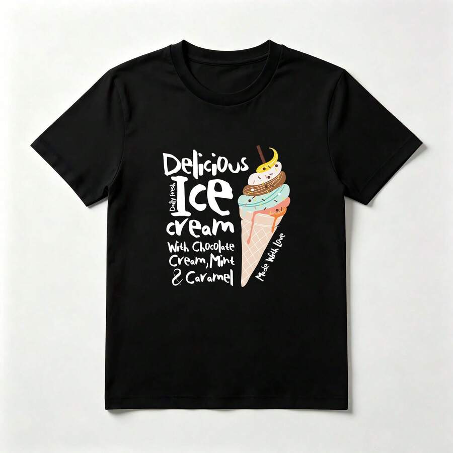 Cono de Helado Multicapa Playera de Algodón Negro Divertida Veraniega - Negro - Ver 1
