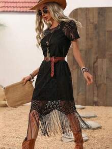 LUNE Vestido de manga corta con encaje y flecos de unicolor, vestidos de campo para mujeres, vestido de campo y occidental, atuendo bohemio para mujeres, vestido bohemio, ropa bohemia chic para mujeres, atuendos occidentales para mujeres, vestido de resort, vestido de vacaciones para mujeres - Negro - Ver 10