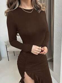 YHHJemour Vestido largo de manga larga con abertura lateral sexy de unicolor marrón, vestido de otoño primaveraYHH - Celeste - Ver 9
