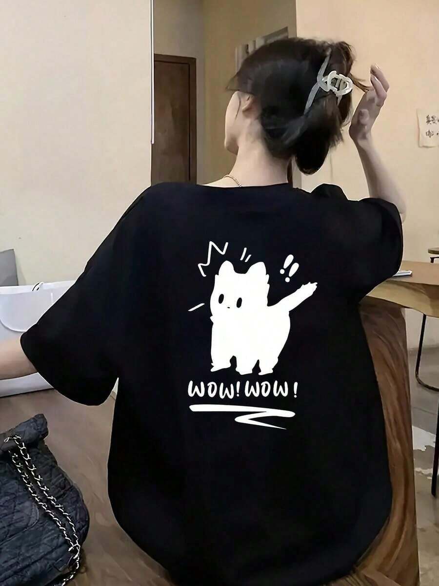 100% Cotton Women's Fun T-Shirt With "Wow Wow" Cat Print, Ideal For Everyday Wear Or For Creative Young People, Available In Size M/L/XL In Black, Casual Wear, Youth Fashion. - 黑色 - 查看 1