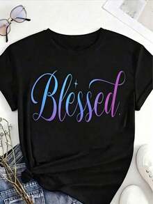 Camiseta de Cuello Redondo para Mujer, Talla Grande - Blusa Casual Negra de Manga Corta, Lavable a Máquina para Primavera, Verano y Otoño, Cómoda para Uso Diario |   Diseño de Texto Interesante |   Tela suave y cómoda - Negro - Ver 10