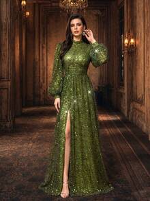 Đầm maxi cao cấp UNITHORSE dành cho nữ, cổ đứng, tay phồng, đính sequin, xẻ tà cao, thích hợp cho tiệc tối trang trọng, dự tiệc cưới, tiệc chiêu đãi, lễ trao giải. - màu xanh lá - Xem 2