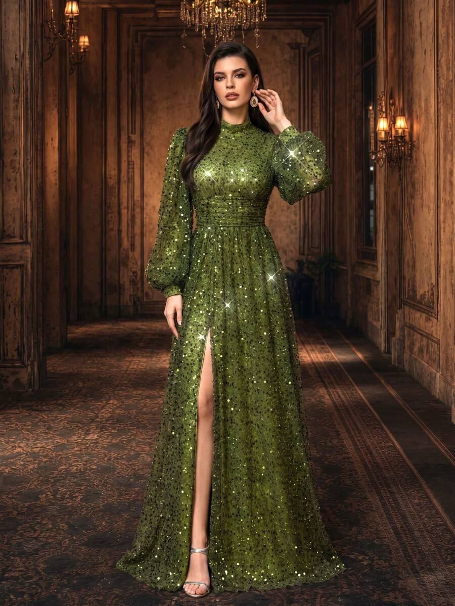 Đầm maxi cao cấp UNITHORSE dành cho nữ, cổ đứng, tay phồng, đính sequin, xẻ tà cao, thích hợp cho tiệc tối trang trọng, dự tiệc cưới, tiệc chiêu đãi, lễ trao giải.