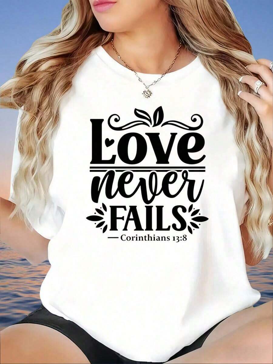 Love Never Fails, 1 Corinthians 138, Christian T-Shirt For Women, Religious Faith Quote T-Shirt, Casual Summer Graphic T-Shirt, Women's T-Shirt - 白色 - 查看 1