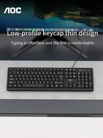  AOC 有线键盘 USB 全尺寸 105 键，超薄静音办公键盘，带数字小键盘，适用于 PC 笔记本电脑 Windows 系统