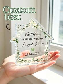 1pc Custom Eucalyptus Floral First Home Clear Acrylic Plaque, Personalized Name Address Date House Stand, Housewarming Closing Gift For Couple New Homeowners, Wedding/Anniversary Desk Decor Keepsake - Multicolor - View 2