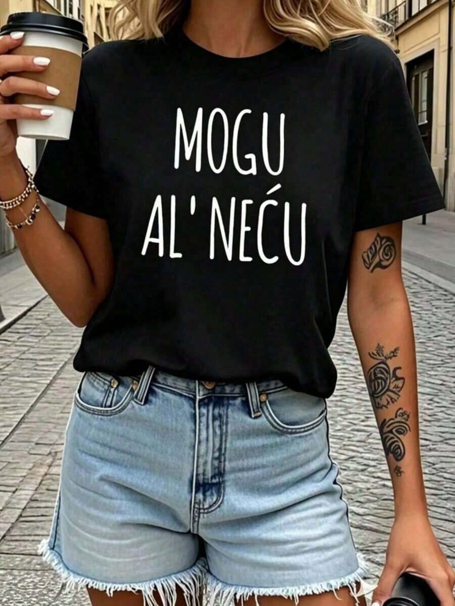 Women's Casual Short Sleeve Crew Neck T-Shirt, Spring/Summer, With The Rebellious Phrase "MOGU AL' NECU" (Croatian: "I Can, But I Don't Want To"), For Daily Wear, Everyday Outings, Holiday Gift - Unisex Vintage Summer Printed Cotton T-Shirts For Couples. Suitable For Spring, Summer And Autumn - 黑色 - 查看 1
