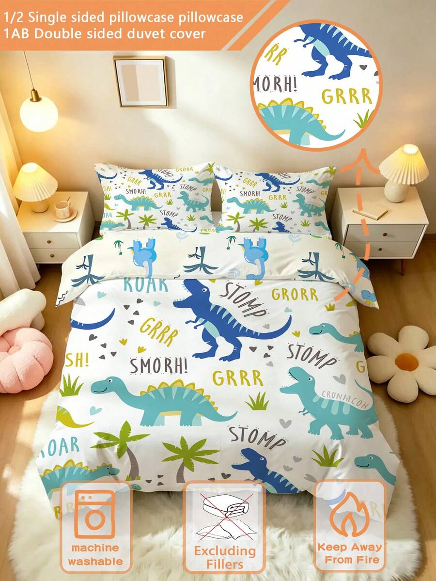 2/3pcs Blue Green Dinosaur Pattern Children's Bedding Set (Spring/Summer Series) Double-Sided Printed Duvet Cover Suitable For Children, Teens, Boys And Girls, All Season Use With Zipper Closure (Duvet Insert Not Included) Pillowcase Size 50x75cm 100% Polyester Fiber - Multicolor - View 1