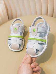 Boys' Hook And Loop Sandals, Summer New Soft Bottom Non-Slip Beach Shoes, Easy On/Off, Silver Gray Solid Color, Floral Woven Strap Decor, More Fashionable - Light Grey - View 7