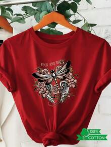 Women's Round Neck T-Shirt With Anime Letter Print, Simple Design, Comfortable And Breathable, Suitable For Casual And Versatile Daily Wear, Showcasing A Natural And Elegant Style, A Must-Have For Summer Parties. - 紅色 - 查看 8