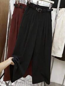 Pantalones anchos casuales y sueltos para mujer con bolsillos, decoración de cinturón en la cintura, diseñados para mujeres, adecuados para negocios, oficina, uniforme de maestro, uso casual versátil de moda, pantalones anchos para ir y venir, aptos para primavera, verano y otoño - Negro - Ver 4