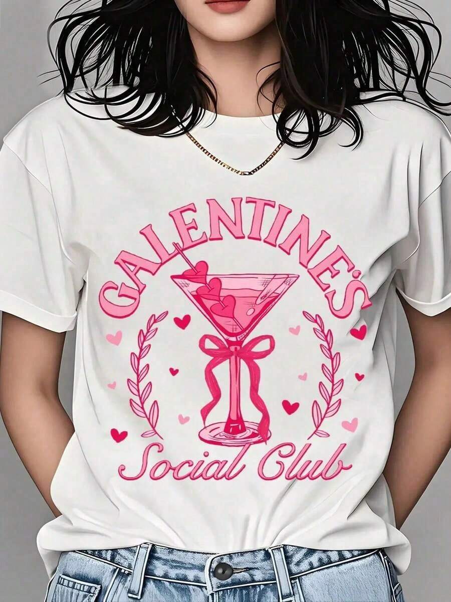 Camiseta del Club Social de Galentines para Mujer - Diseño de Martini Rosa, Regalo para el Día de San Valentín, Linda Camiseta de Galentines para Amigas, Atuendo Romántico para Fiesta, Ropa Divertida de San Valentín para Niñas y Mujeres, Camiseta de Cuello Redondo para Mujer 100% Algodón, Camiseta para Mujer - Blanco - Ver 1