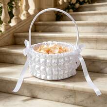 Wedding Flower Girl Baskets With Pearl Decor White Bow Flower Baskets For Wedding Ceremony - White - View 4
