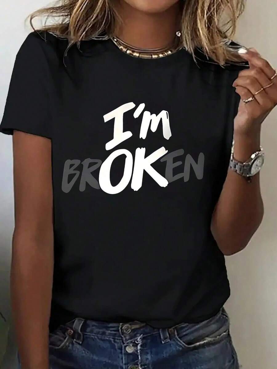 Women's "I'm Fine" Print One-Piece Sports T-Shirt - Casual Short-Sleeve Crew Neck Tee With A Black And White Print, Comfortable For All Seasons, Perfect For Everyday Wear Or As A Holiday Gift. | Slogan T-Shirt | Machine Washable Top, Cute Tee, Moisture-Wicking, Casual Gym Wear. - 黑色 - 查看 1