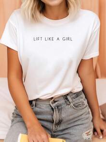 Ropa ligera y transpirable de una pieza para mujer, estilo holgado, para primavera/verano, camiseta con estampado "Lift Weights Like a Girl", cuello redondo, mangas cortas, top casual de moda, ropa elegante para fiestas, corte holgado, regalo para vacaciones, diseño divertido, ropa de uso diario, ropa para el hogar, conjuntos combinables para primavera/otoño. - Negro - Ver 7