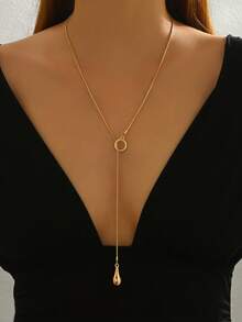 1pc Women's Minimalist Y-Shaped Necklace, Fashion Creative Geometric Waterdrop Pendant, Round Snake Metal Chain, Adjustable Long Necklace, Sweater Chain, Versatile Daily Accessory - Golden - View 6