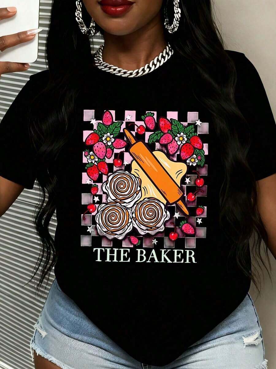 Camiseta con diseño de pastel de fresas y rodillo de panadero para mujer, estilo casual de verano, con estampado de frutas y repostería. - Negro - Ver 1
