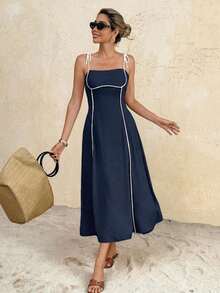 Frenchy Vestido midi con tiras anudadas y ribete de color contrastante para mujer - Azul marino - Ver 6