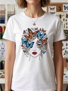 Ropa de Verano para Mujer de Tallas Grandes, Camiseta con Estampado de Mariposas Azules y Naranjas con Rostro de Mujer para Salidas de Primavera, Ropa Elegante para Mujer, Cuello Redondo, Manga Corta, Top Casual y a la Moda, Adecuada para Fiestas, Regalos de Vacaciones - Blanco - Ver 8