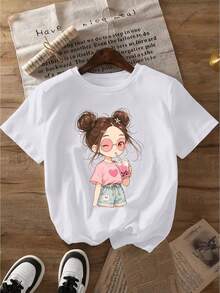Unisex Youth Casual Graphic Tee, Bubble Tea Cartoon Print Tee, Soft, Summer, For Men And Women,  Graphic Tee, Gift For Valentine's Day And Women's Day. - 白色 - 查看 7