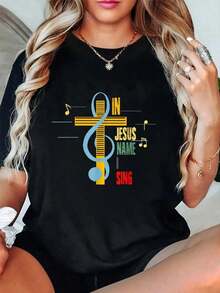 1 Piece, 100% Cotton, Christian Religious T-Shirt With The Phrase "In The Name Of Jesus I Sing", Musical Note And Cross, For Women, Short Sleeve, Round Neck, Casual Top For Summer And Spring, Women's Clothing, 180g, 100% Cotton. - 黑色 - 查看 1