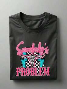 Pink 'Someone's Problem' T-Shirt, Women's Western T-Shirt, Gift T-Shirt For Music Lovers, Cowgirl Concert T-Shirt, Country Song T-Shirt For Her.UA-45 - 黑色 - 查看 1