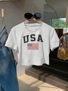 Women's Short-Sleeve Round-Neck T-Shirt, Casual Y2K Slim-Fit Cropped Top, Stylish And Figure-Flattering, 100% Polyester , Machine Washable And Easy To Care For, With A Casual Design Featuring The American Flag And "USA" Lettering Print. Printed Design, New Summer 2026 Collection, Suitable For Travel, Outdoor Activities, And Daily Wear - New Summer Cropped Top, Y2K Style Short Sleeve Cotton T-Shirt, Vacation & Beach Style, Suitable For Sports And Daily Wear - trắng - Xem 1