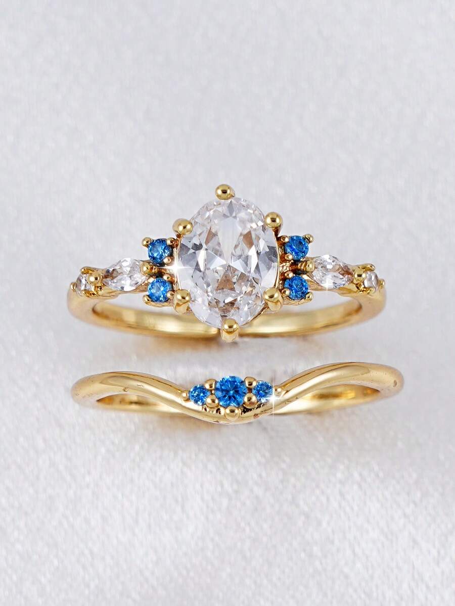 Bộ 2 nhẫn hở điều chỉnh được, đính đá Cubic Zirconia sang trọng, dành cho nữ, thích hợp đeo hàng ngày, hẹn hò, dự tiệc, đeo cùng nhiều nhẫn khác, quà tặng trang sức cô dâu. - Vàng - Xem 1