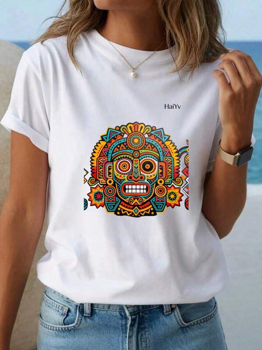 Limited Time Offer, Limited Quantity Available, Flash , Women's Shirts, Women's T-Shirts. Women's Comfortable Loose White T-Shirt, Short Sleeve Round Neck, Mexican Print, Casual T-Shirt For Everyday Wear And Going Out - 白色 - 查看 1