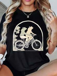 1 Piece, 180 G/M², Fashionable Round Neck T-Shirt - Women's Printed T-Shirt - Casual Short Sleeve Polyester Round Neck Top - Lightweight And Breathable For Everyday Wear. These Round Neck Printed Short Sleeve Casual T-Shirts Are Excellent Gifts For Friends And Family. Made Of 100% Cotton, They Feature A Youthful And Fashionable Design. - 黑色 - 查看 6