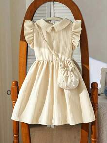 Young Girl' Fashion Casual Cute Beaded Collar Solid Color Dress + Beaded Handbag - Apricot - View 3