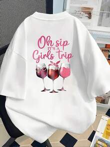 New 180g Heavyweight Short-Sleeved T-Shirt, 100% Cotton, With Prints On The Front And Back - Oh Yep, A Girls' Trip, A Girls' Get-Together - Fashionable Printed T-Shirt For Women, Your Best Choice! - Suitable For Layering In Spring And Autumn, And For Wearing Alone In Summer, Unisex Style. - 白色 - 查看 2