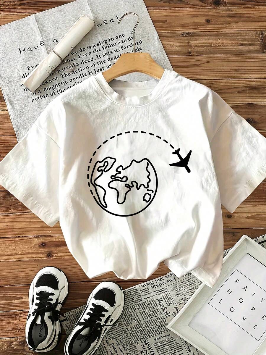 Short-Sleeve Cotton T-Shirt With Round Neck And Global Airplane Flight Print, Simple And Versatile Design - 白色 - 查看 1