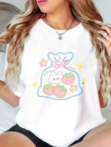 Modern And Minimalist Women's T-Shirt With Rabbit And Strawberry Print, White Short Sleeve, Suitable For All Seasons, Ideal For Urban Combinations, Daily Use, Casual Meetings And Everyday Life. - 白色 - 查看 1