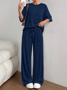 Women's Summer Clothes 2 Piece Sets Lounge For Short Sleeve Matching Airport Travel Outfits Casual Navy Blue Vacation Summer Brunch Outfits For Women Mothers Day Outfit - 藏蓝色 - 查看 4