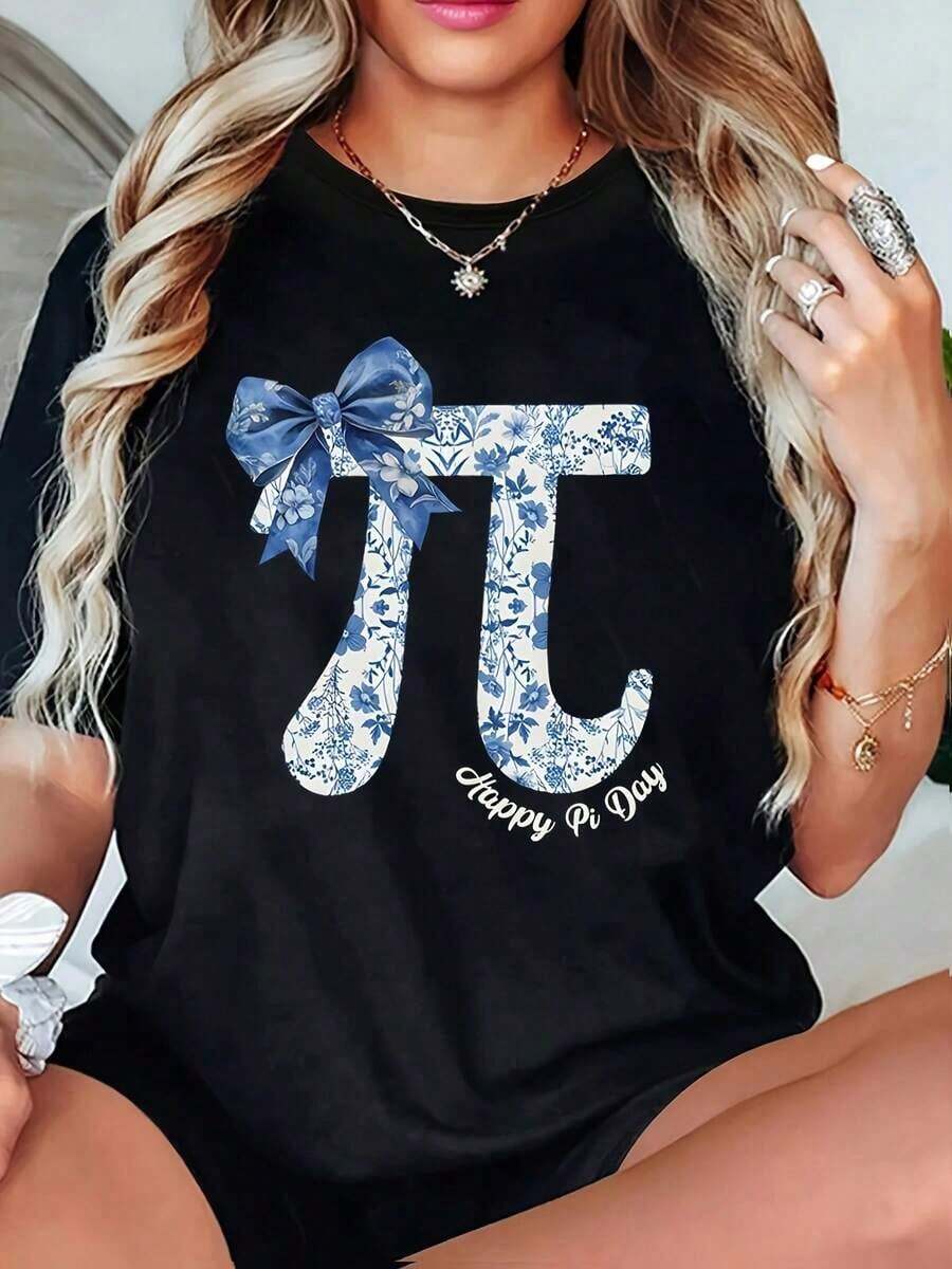 Mexican Women'S T-Shirt Featuring A HAPPY PI DAY 3.14 Design With A Blockchain Digital Art Motif And A Bow Print. This Soft, Skin-Friendly And White Round-Neck Short-Sleeve Tee Is Perfect For Casual Spring And Summer Wear And Makes A Great Gift - 黑色 - 查看 1
