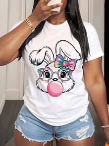 Women's T-Shirt With Bunny Print With Glasses And Bow, Casual Style For Easter And Spring, Fun Animal Print T-Shirt For Celebrations And Parties, 220g - Urban Vintage Style, Unisex, 100% Pure Cotton, Short Sleeve, Round Neck. - 白色 - 查看 7