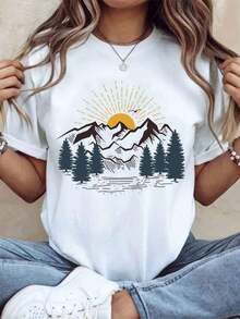 Women's Nature-Inspired Mountain Sunset Landscape Print T-Shirt For Outdoor Adventures, Summer Casual Wear With Pine Tree And Sun Design, 220g - Urban Vintage Style, Unisex, 100% Pure Cotton, Short Sleeve, Crew Neck - 白色 - 查看 7
