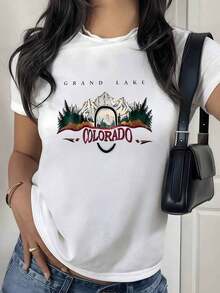 100% Cotton. Snow-Capped Mountains Surrounded By Pine Trees Evoke The Serenity Of Grand Lake And The Free Spirit Of Colorado. Natural Landscape Painted In Vibrant Colors. Women's 100% Cotton T-Shirt, Comfortable Fit For Everyday Wear. Women's Simple Solid Color T-Shirt, Loose And Slim Fit Casual Short Sleeve - 白色的 - 查看 1