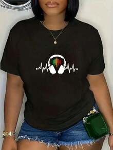 Heartbeat Clothing 100% Cotton Gamer Casual T-Shirt - Headphone Design T-Shirt, Unisex T-Shirt - 黑色 - 查看 1