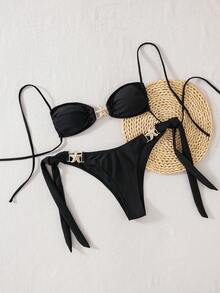 Sexy Two-Piece Bikini For Women, Adjustable Lace-Up Design With Starfish Embellishment, Solid Color - FF1179-bK - View 1