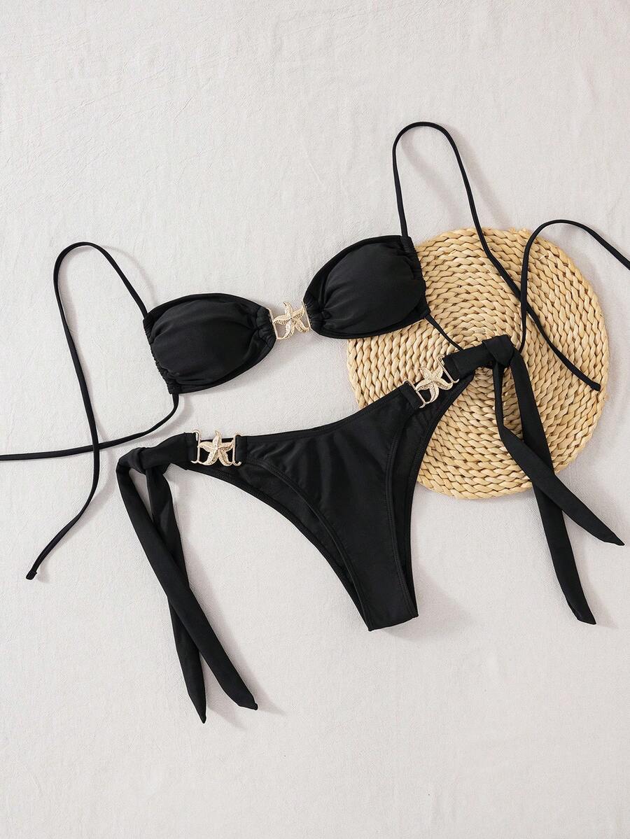 Sexy Two-Piece Bikini For Women, Adjustable Lace-Up Design With Starfish Embellishment, Solid Color - FF1179-bK - View 1